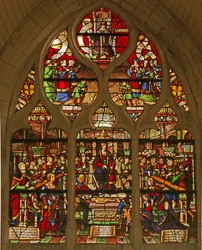 Fenster, das das Urteil Salomos darstellt